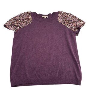 Tory Burch Women's Sequin Sleeve Wool Silk Blend Top XL Short Sleeve Sweater